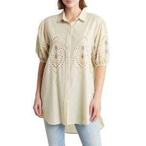 NWT 7 FOR ALL MANKIND Puff Sleeve Embroidered Tunic Top Beige Medium Oversized